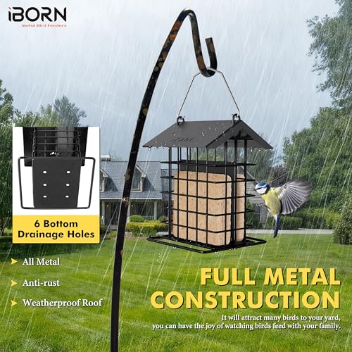 iBorn Suet Feeder for Outside Hanging, Bird Feeder for Outdoors, Suet Holder with Squirrel Guard Hanger Hook, Cage, Woodpecker, Weatherproof Metal Roof, All Metal, 1 Pack, Black by iBorn - Used condition - Image 4