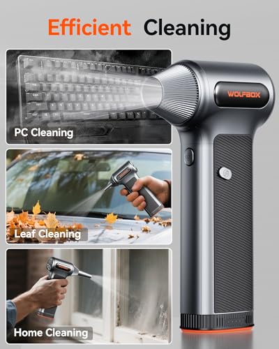 Image of WOLFBOX MF200 Compressed Air Duster with Removable Battery & 4 Nozzles, Cordless 3-Speed Adjustable Mini Blower for Computer Keyboard, Car Cleaning, Home, and Outdoor Use