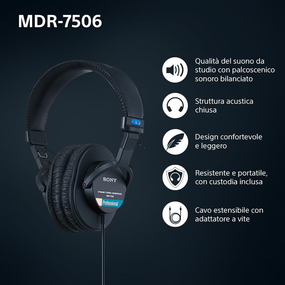 Sony MDR-7506 Cuffie monitor da studio chiuse, con filo, da 10 Hz a 20 kHz, adatte per la registrazione e il mixaggio in studio, 63 Ohm, design leggero e pieghevole (227 g), custodia inclusa, Nero