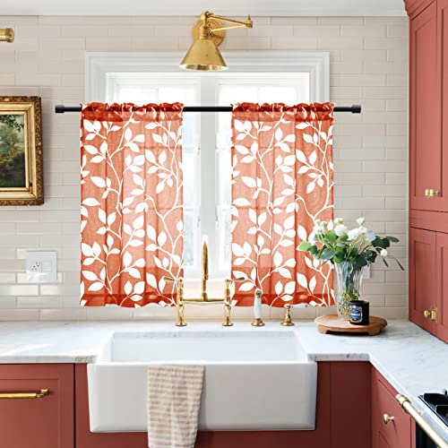 Image of XTMYI Curtains 36 Inch Length for Kitchen Window Set of 2 Panels,Short Sheer Cafe White Leaf Print Pattern Design Small Curtain for Bathroom,Rust Burnt Orange