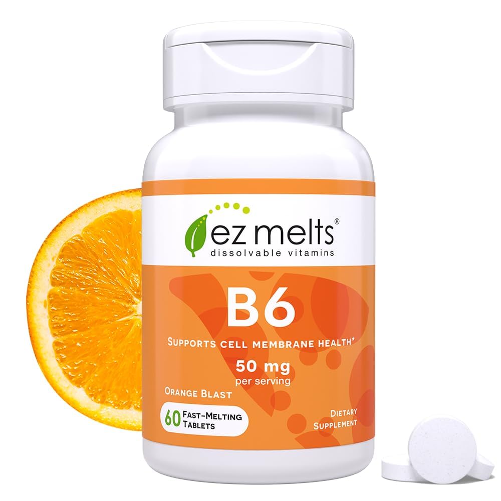 EZ Melts B6 as Pyridoxine, 50 mg, Sublingual Vitamins, Vegan, Zero Sugar, Natural Orange Flavor, 60 Fast Dissolve Tablets