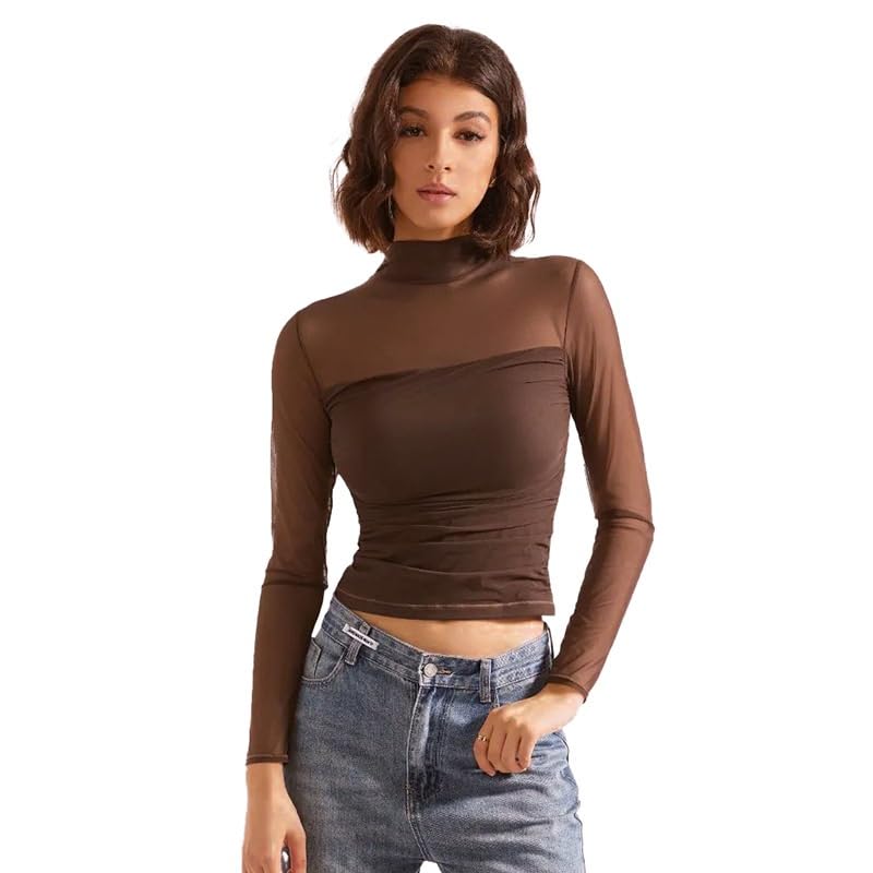 Camicetta da Donna a Maniche Lunghe con Collo Sexy e Camicetta con Maglie Trasparenti e increspate alla Moda(Brown,M)