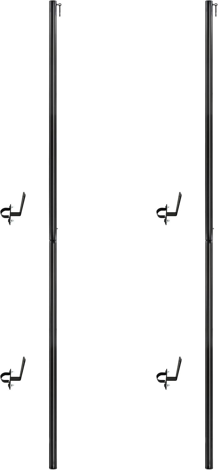 Outdoor String Light Pole Stand - 9.5 Feet, Black, Weather Resistant Powder Coated Steel - Mount to Fence, Wall with Mounting Brackets (2 Pack)