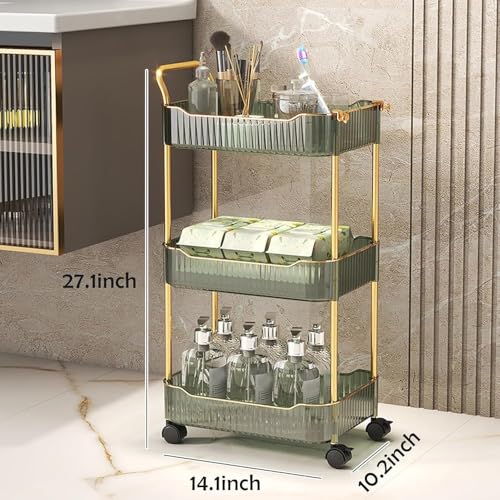 Carrello multiuso a 3 ripiani in acrilico verde con ruote bloccabili, versatile carrello portaoggetti per bagno e cucina, eleganti ripiani con maniglia per una facile mobilità