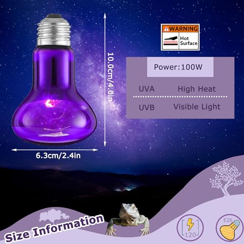 Image of 60W Reptile Night Light Bulb - Simulated Moonlight UVA Heat Lamp, Purple Basking Light for Bearded Dragons, Lizards, Snakes, Chameleons, Amphibians - 2-Pack (3.2 inch Diameter)