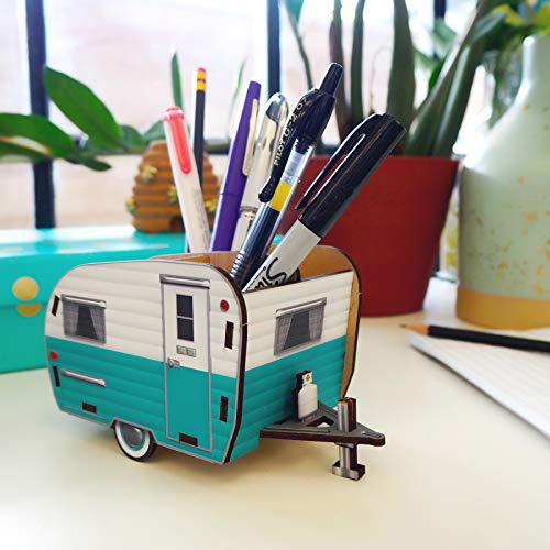Image of Genuine Fred HAPPY CAMPER Vintage Camper Pencil Holder, White and Blue, Retro Desk Organizer- Great Gift for Coworkers and Travel Enthusiasts - Functional Desk & Cubicle Accessory