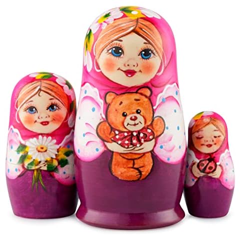 MUARO Nesting Dolls Matryoshka Wood Stacking Nested Set 3 Pieces Handmade Wooden Doll Pink Cover