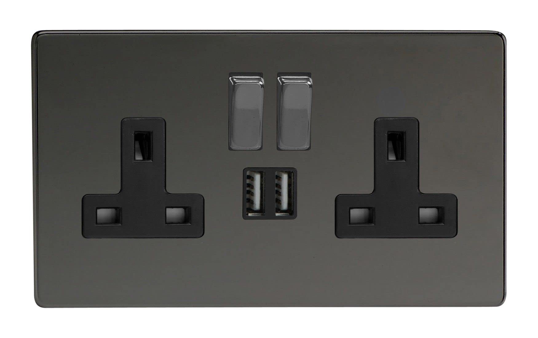 Varilight 2-Gang 13A Single Pole Switched Socket + 2x5V DC 2100mA USB Charging Ports Iridium