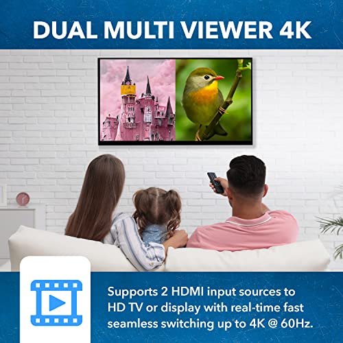 Image of OREI 4K HDMI Multi Viewer 2 in 1 Out Switcher 2 Ports Seamless IR Remote Support 4K @ 60Hz 1080P for PS4 /PC /DVD /Security Camera HDMI Switch Optical Audio L /R Output - (UHD-201MV)