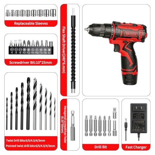 Image of 12V Cordless Drill Driver Set, 43pcs Home Tool Kit with 2-Speed & 25+1 Torque, LED Light, Fast Charger, Battery Included for DIY, Wood Metal Plastic, Gift for Men Women