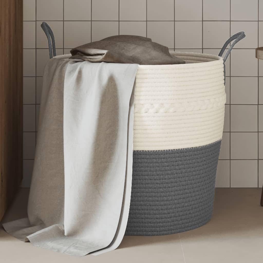 Cesta de almacenamiento gris y blanca de cuerdas de algodón, cesta de mimbre de 43 x 38 cm de diámetro, cesta plegable de tela con asas para organizar el salón, el baño, el dormitorio, el