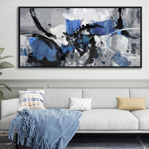 Image of Blue Abstract Wall Art - Large Canvas Wall Art in Navy Blue and Black, Framed Gray Artwork for Living Room, Bedroom, and Office Decorations for Work - Modern Wall Decor and Pictures 30x60IN