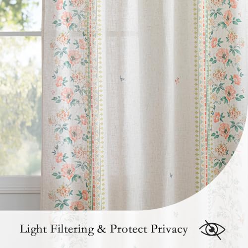 Image of MYSKY HOME Boho Floral Curtains with Butterfly 63 inch Semi Sheer Linen Look for Bedroom Kitchen Bohemian Style Farmhouse Home Decor Light Filtering Privacy Protect Back Tab Drape, 50 inch, Pink, 2 Panels