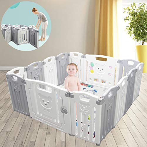 Parque para bebés Centro de actividades para niños Patio de juegos de seguridad Hogar Interior Exterior Nuevo Bolígrafo (Plegable 12 + 2 paneles 155×155×65CM)  (Gris)