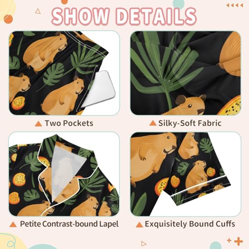 senya Capybara Tropical Fruits A Satin Summer Pajama Sets Silk Short Sleeve Button Down Sleepwear3