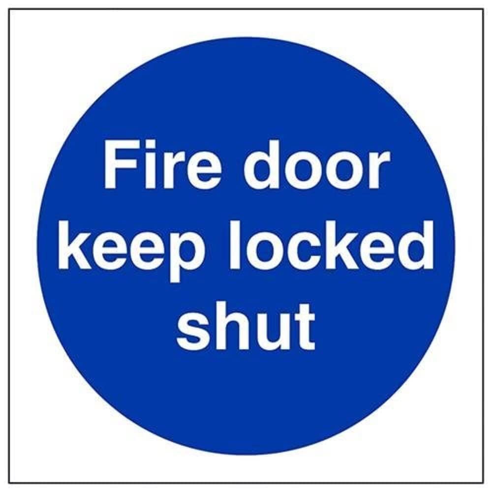 V Safety 18015AF-R Fire Door Keep Locked Shut Sign - Square - 100mm x 100mm - 1mm Rigid Plastic, Blue