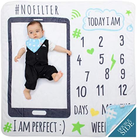MeBlanky Baby Milestone Blanket-3X Fluffier Newborn Monthly Milestone Blanket-2in1-Swaddle ?n? Photo - 47?x47? Super Soft Fleece First Year Baby Blanket-Blue Photo Blanket for Baby Boys or Girls