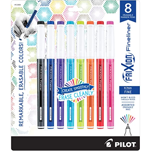 Image of Pilot FriXion Fineliner Erasable Marker Pens, Fine Point 0.7 mm, Pack of 8, Vivid Colors, Erasable Pens - Ideal for School, Journaling, & Office Writing