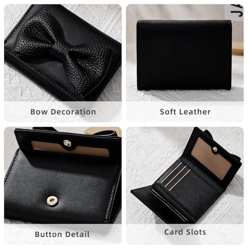 Small Wallets Woman, Cute Tri-fold Ladies Coquette Wallet for Women, Black Bow Credit Card Coin Holder Purse with ID Window for Cash Key Change (Black)3