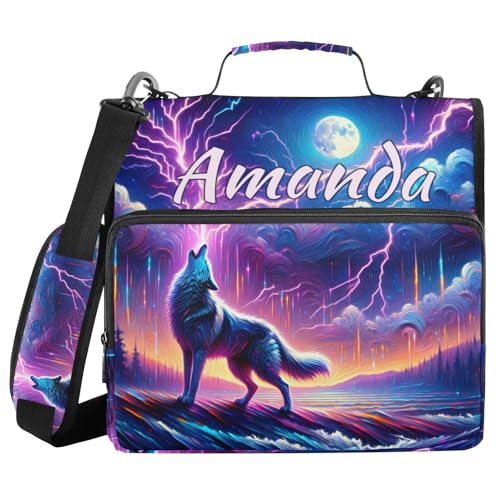 Image of Custom 3 Ring Zipper Binder Galaxy Forest Wolves Personalized Name 1.5 inch Binders Large Capacity Multi Pockets for School Office Supplies