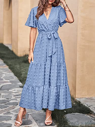Image of MASCOMODA Women Boho Swiss Dot Maxi Dresses Wrap V Neck Flutter Short Sleeve Solid Tie Waist A Line Tiered Flowy Long Dresses