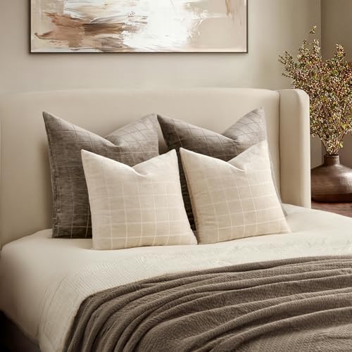 Image of MIULEE Beige Plaid Decorative Throw Pillow Covers 20x20 Set of 2 | Vintage Check Chenille Couch Pillows Neutral Boho Farmhouse Cushion Covers Modern Home Decor for Sofa Bed Living Room