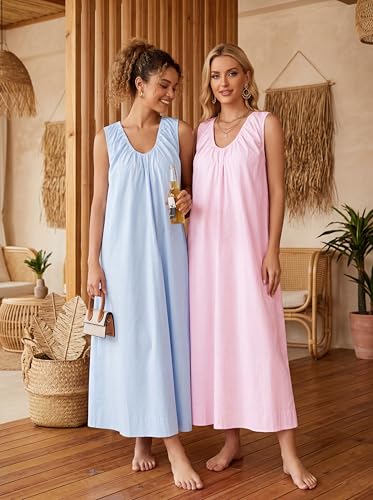 Image of Livtany Women's Scoop Neck Ruched Maxi Dress Flowy Swing Wide Straps Long Dress Casual Sleeveless Sundress with Side Pockets