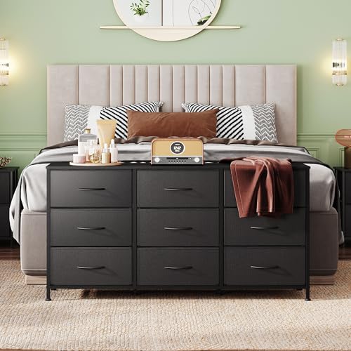 WLIVE 47\'\'W Dresser for Bedroom, Black Dresser TV Stand for 45, 50, 55 inch TV, Wide Chest of Drawers with 9 Drawer, Large Entertainment Center, Fabric Dressers with Wood Top for Closet, Living Room - Thumbnail 2