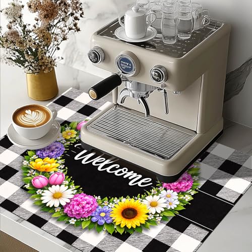 Image of HOMETITUTE Spring Stove Top Covers for Electric Stove 28x20 Inches Welcome Floral Ring Buffalo Plaid Glass Cooktop Protector Pad Decorative Stovetop Cover Dish Drying Mats for Kitchen Decor