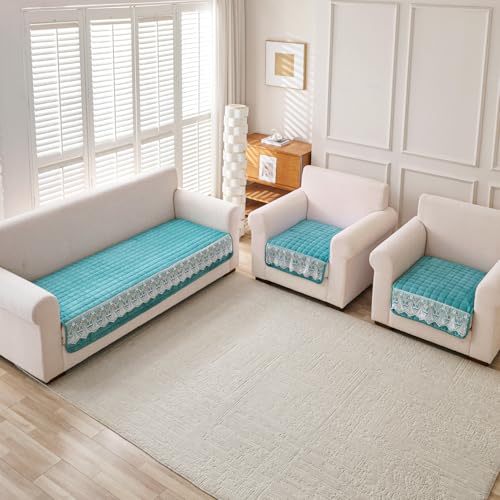 Image of HOKIPO 'BelleLace Series' 5 Seater Sofa Cover Mat in 3+1+1 Configuration | Imperial Milk Velvet with Lace Design | Teal (AR-5966+5962 * 2-Teal)