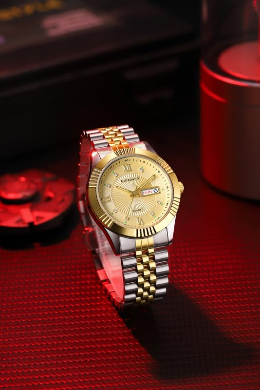 Image of Giordano Classic Analog Quartz Watch for Men with Textured Dial, Fluted Bezel, Day & Date Display & Two-Tone Stainless Steel Strap