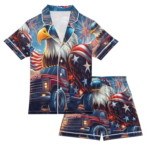 ALAZA American Flag Truck Parrot Satin Pajamas Set Short Sleeve Button Down Sleepwear Summer Pjs 2 Piece