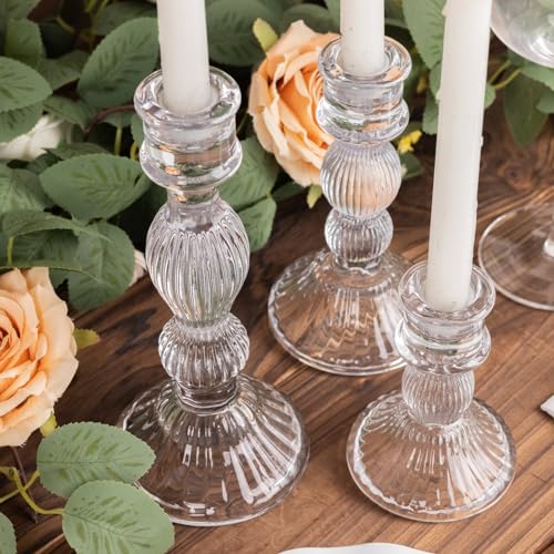 TABLECLOTHSFACTORY Set of 3 Clear Fluted Glass Taper Candle Holders, Ribbed Crystal Candlestick Stands - 4