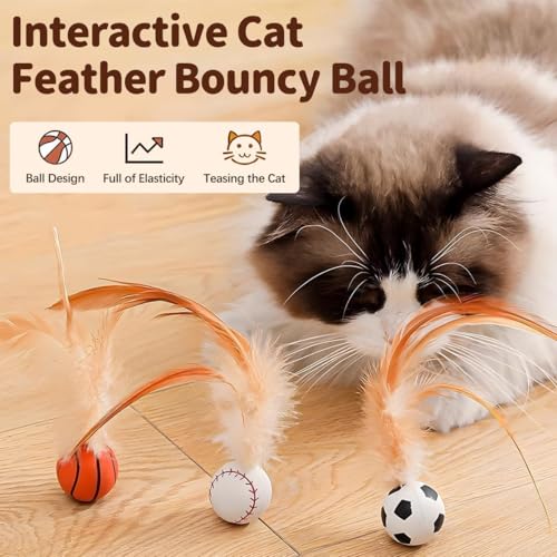 Image of Cat Ball, 6PCS Bouncy Ball with Feather for Indoor Cats, Interactive Kitten Toys for Kitten, Small Dog Toy Balls, Pet Toys with Basketball, Baseball, Badminton Designs