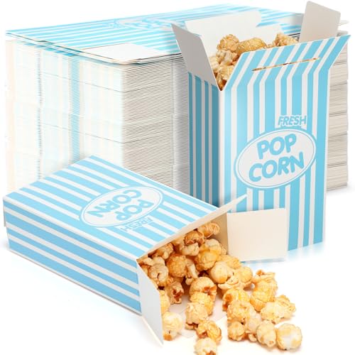 Image of Xinnun 200 Pcs Paper Popcorn Boxes 1oz Oil-proof Disposable Striped Popcorn Boxes Container Leak Proof Paper Holders for Movie Night, Party, Birthday, Wedding (Light Blue)