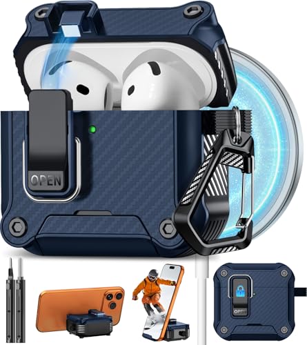 Image of Pohgelan for AirPods 4 Case with Safety Lock-Dark Blue | Carbon Fiber Texture Cover,Magnetic Automatic Lock with Cleaning Kit&Keychain,Compatible with Magsafe