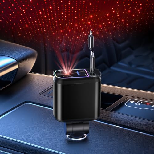 Starlight Retractable Car Charger with Retractable Cables, Starlight in Car Roof 4 in 1 Super Fast Car Phone Charger, 2 USB Ports Starry Sky Adapter, Compatible with iPhone 15 14 13