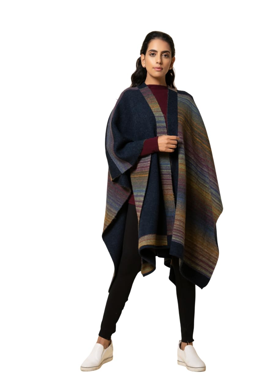 khaleej Stylish Women’s Cape | Open Front Shawl Inspired Outer Layer | Soft Textured Woolen Fabric with Border Detailing | Elegant Indo-Western Fashion Layer | Lightweight Draped Outerwear, Navy Blue-picture-34