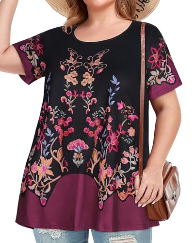 Image of JOELLYUS Plus Size Tops for Women Tunic Floral Casual Short Sleeves T Shirts Flowy Blouses 2026