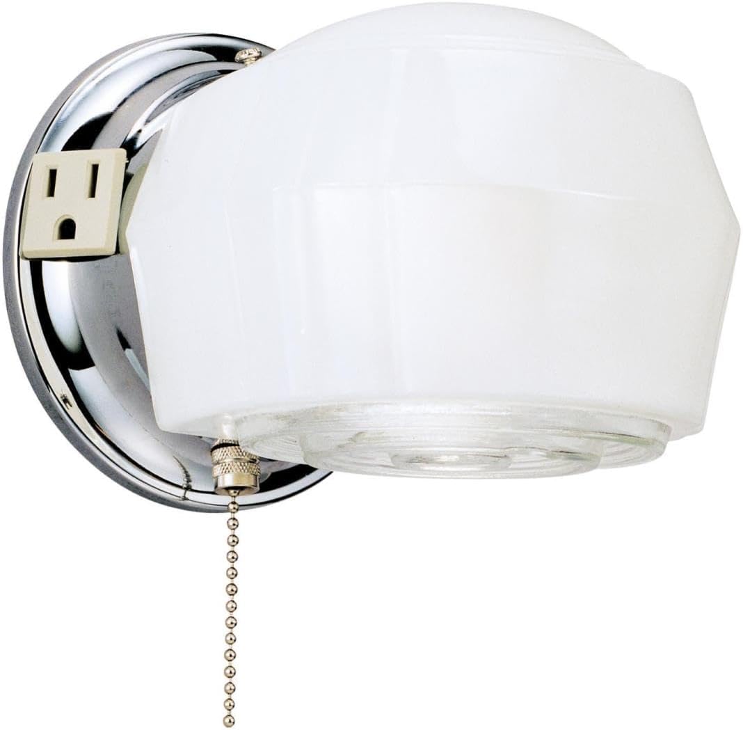 One-Light Classic Wall Fixture with Ground Convenience Outlet and Pull Chain, Chrome Finish Base with White and Crystal Glass