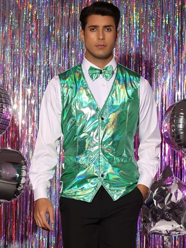 Lars Amadeus Holographic Waistcoat for Men's Slim Fit Shiny Disco Party Metallic Sleeveless Vest Bowtie2