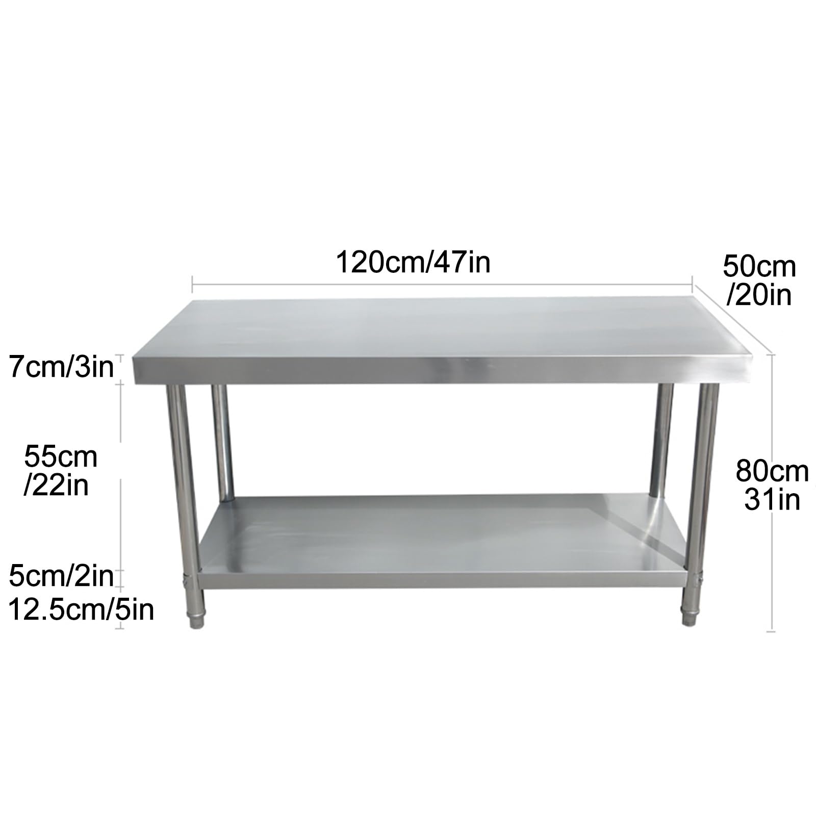 Tavolo di preparazione in acciaio inox resistente per cucina, ristorante e uso domestico, 119 x 50 cm, include ripiano inferiore e gambe zincate, postazione di lavoro durevole