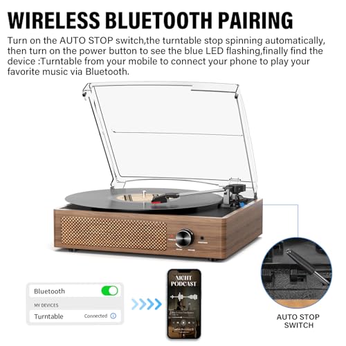 Image of Vinyl Record Player Turntable with Built-in Bluetooth Receiver & 2 Stereo Speakers, 3 Speed 3 Size Portable Retro Record Player for Entertainment and Home Decoration