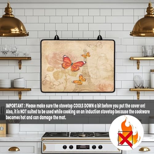 Image of Poceacles Stove Top Cover for Glass Stove Top, Electric Ceramic Stovetop Cover Scratch Resistant Oil-proof Stove Cover Multipurpose for Kitchen Counter, Butterfly Eiffel Tower