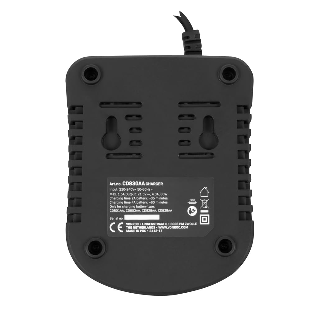 VONROC Chargeur Rapide 20V 86W 4,0A VPower Compatible avec Batteries CD828AA CD829AA CD801AA CD803AA