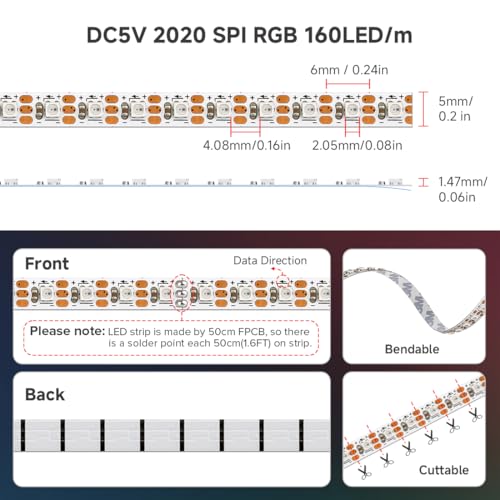 Image of WS2812B RGB LED Strip 3.28ft 5V Individually Addressable 5mm Ultra Thin 2020SMD Dream Color Smart RGB 160LEDs /m 160ICs Flexible Tape Light for Car TV Backlighting (No Power /Controller)