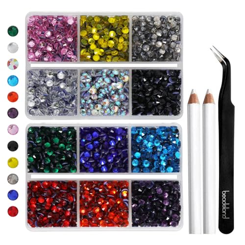 Image of Hotfix Rhinestones Mixed 12 Colors, SS16 /3456pcs | Mat:glass,4 mm, for Crafts Clothes, with Tweezers, Wax Pencils