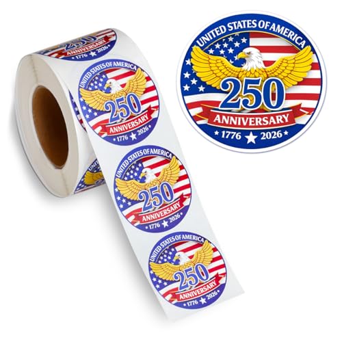 500 PCS 1.89 Patriotic 250th Independence Anniversary Stickers Roll Round American Flag Waterproof Decals Strong Adhesive Labels for Water Bottles Laptops 4th of July Party Decorations