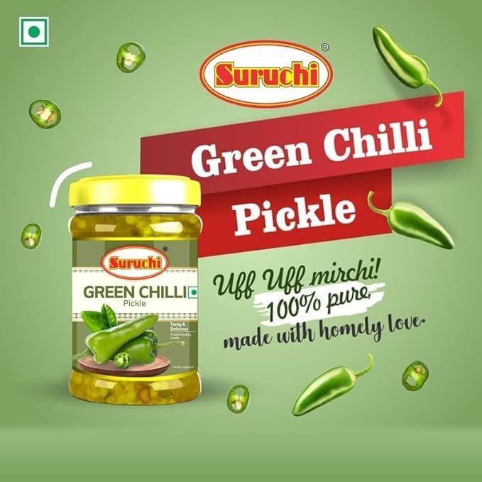 Image of Suruchi Green Chilli Pickle - 200g | Hari Mirchi Ka Achar | Ready to Eat Green Chilli Pickle | Authentic Indian Achar | Pure & Natural Ingredients | Hygienically Packed (Pack of 1)