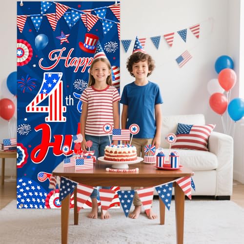 Image of AIBIIN Happy 4th of July Door Cover Banner 4th of July USA Backdrop Memorial Patriotic Decorations for Independence Day Party Supplies Patriotic Theme Backdrop Poster for Indoor Outdoor Decor